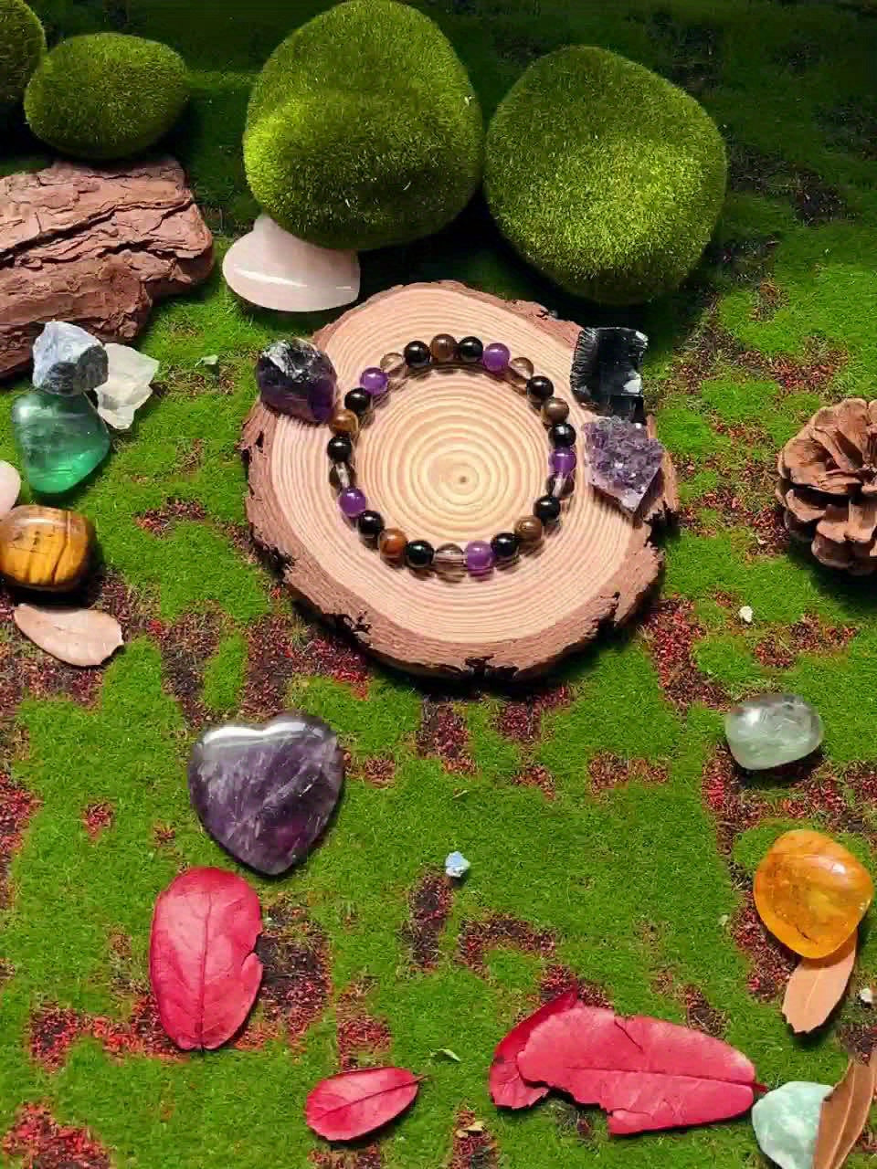 1pc Natural Tiger Eye & Amethyst Beaded Bracelet, Elastic Protection Healing Crystal Bracelet for Men and Women, Energy Balancing Unscented Solid Jewelry Gift