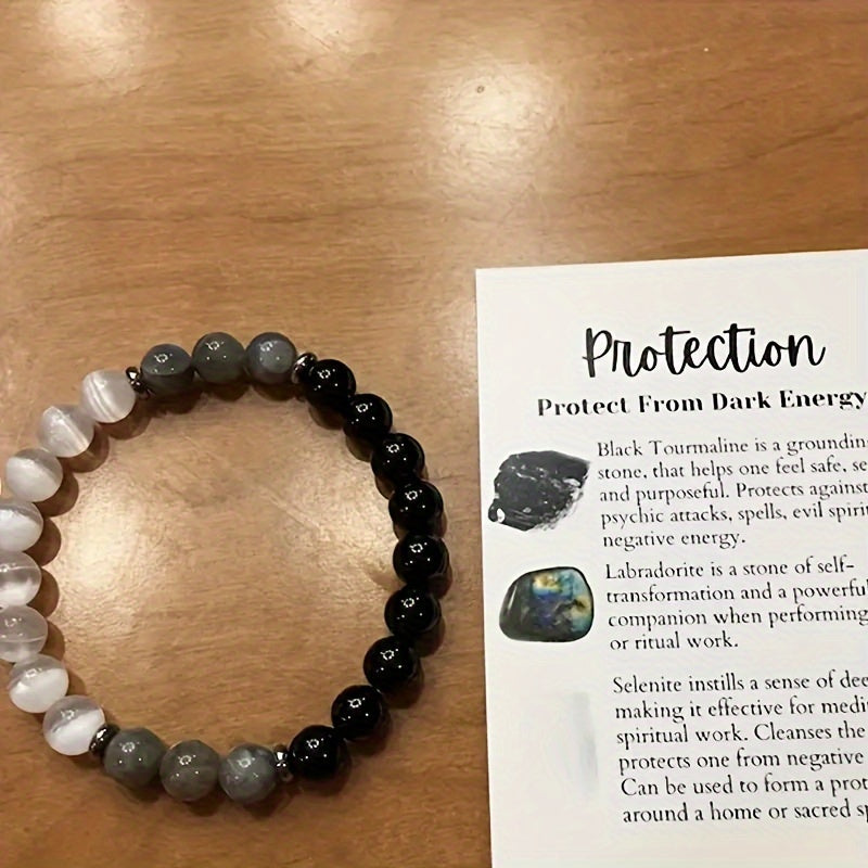 1pc Black Tourmaline & Labradorite Crystal Bracelet, Healing Energy Protection Jewelry, Adjustable Size, Anxiety & Negative Energy Shield