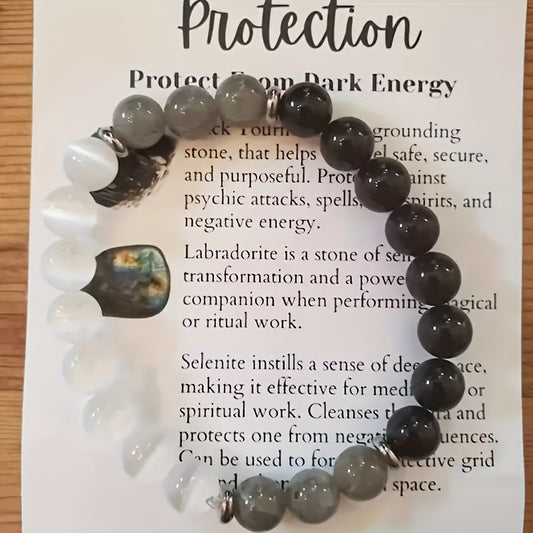1pc Black Tourmaline &amp; Labradorite Crystal Bracelet, Healing Energy Protection Jewelry, Adjustable Size, Anxiety &amp; Negative Energy Shield